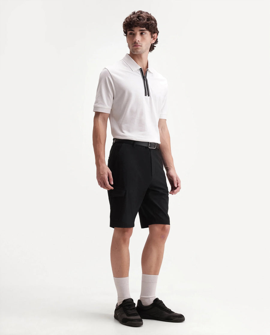 Rare Rabbit Men's Tripco-Aw26 Black Polyester Blend Fabric Regular Fit Plain Cargo Shorts