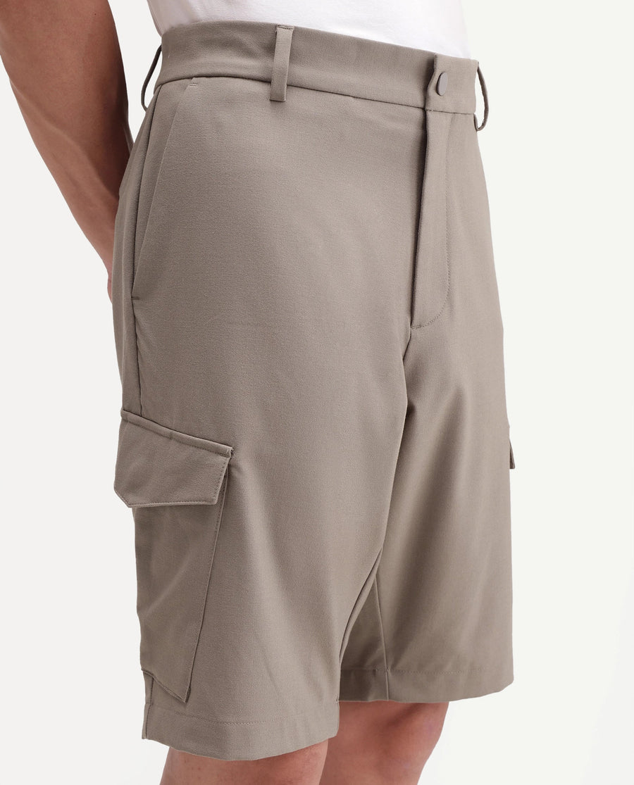 Rare Rabbit Men's Tripco-Aw26 Beige Polyester Blend Fabric Regular Fit Plain Cargo Shorts