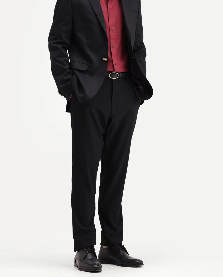 Rare Rabbit Men's Travel-Aw26 Black Polyester Blend Fabric Regular Fit Plain Trouser
