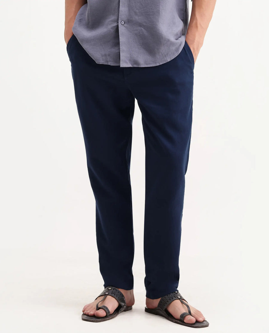 Rare Rabbit Men's Pastor-Aw26 Navy Cotton Fabric Drawstring Closure Regular Fit Plain Trouser
