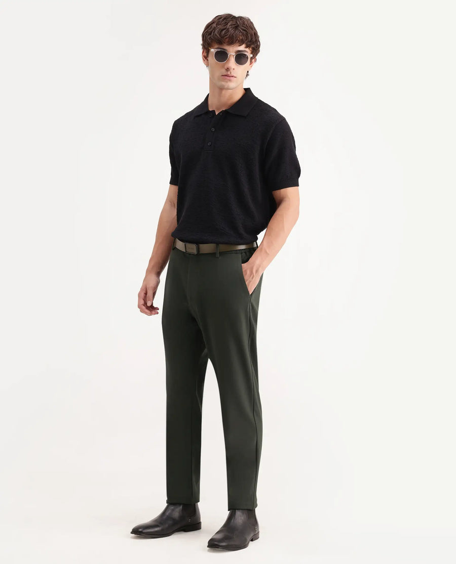 Rare Rabbit Men's Travel-Aw26 Dark Olive Polyester Blend Fabric Regular Fit Plain Trouser