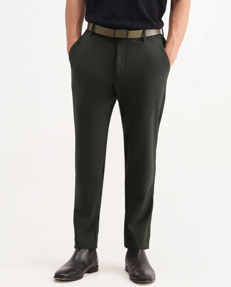 Rare Rabbit Men's Travel-Aw26 Dark Olive Polyester Blend Fabric Regular Fit Plain Trouser
