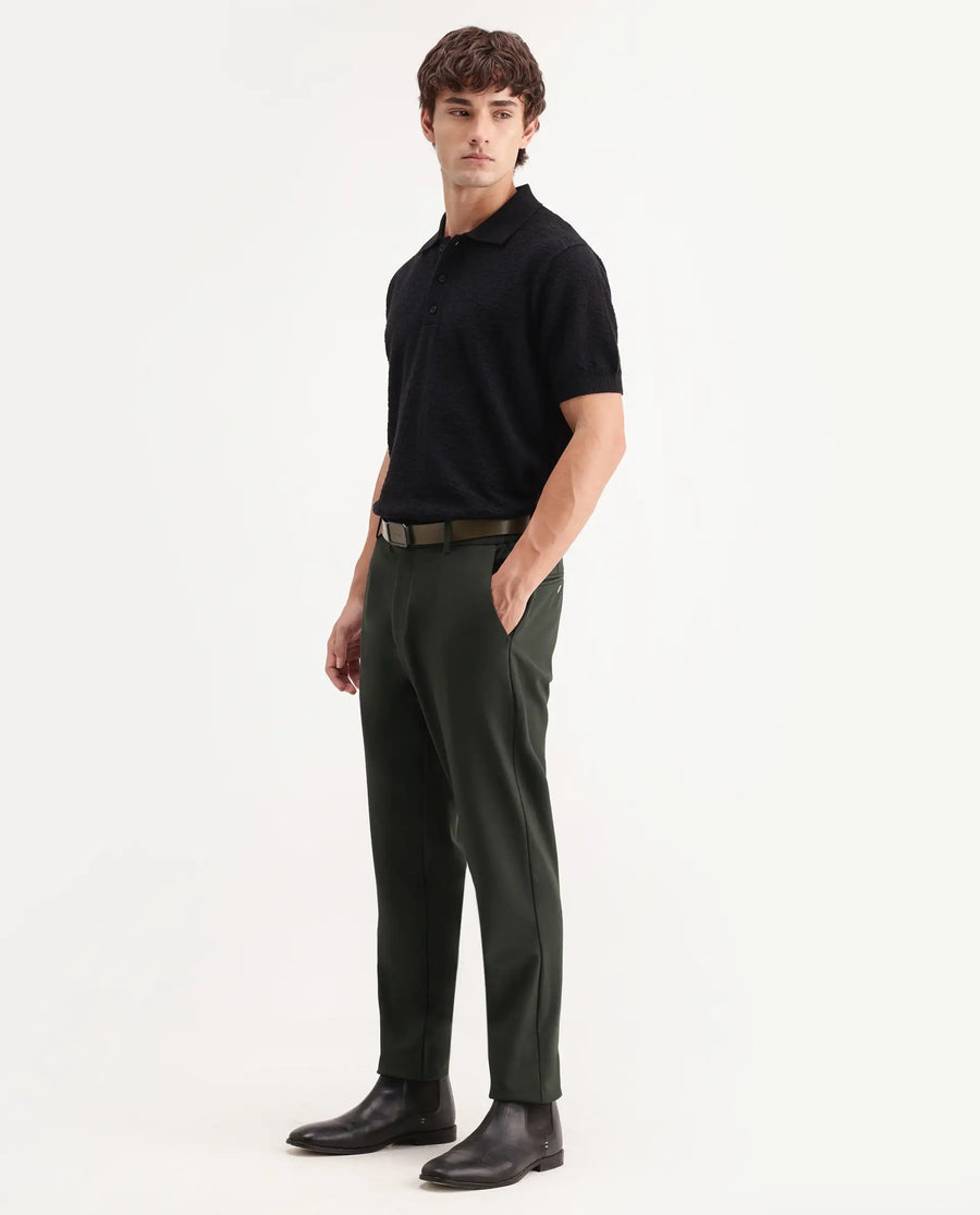 Rare Rabbit Men's Travel-Aw26 Dark Olive Polyester Blend Fabric Regular Fit Plain Trouser