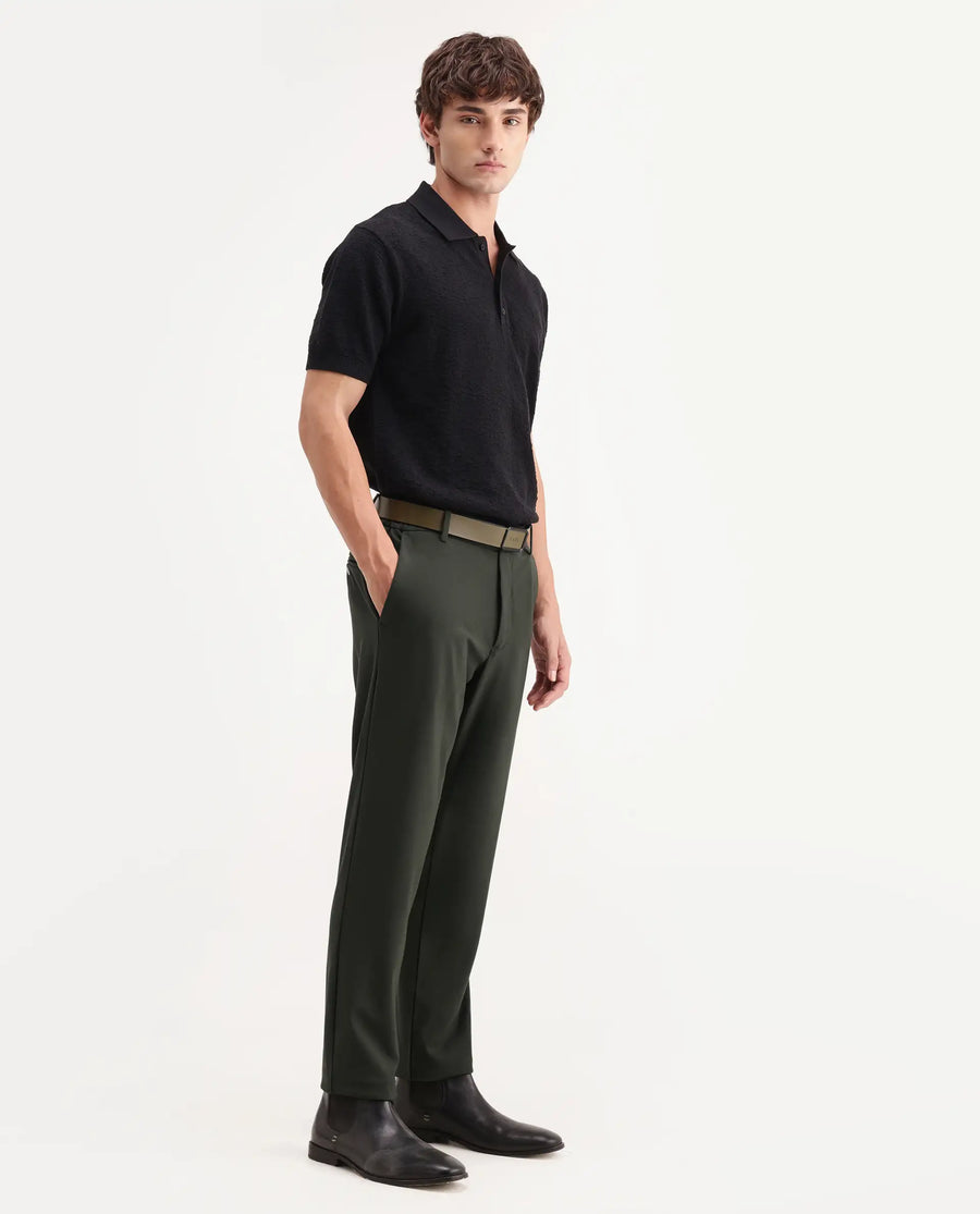 Rare Rabbit Men's Travel-Aw26 Dark Olive Polyester Blend Fabric Regular Fit Plain Trouser