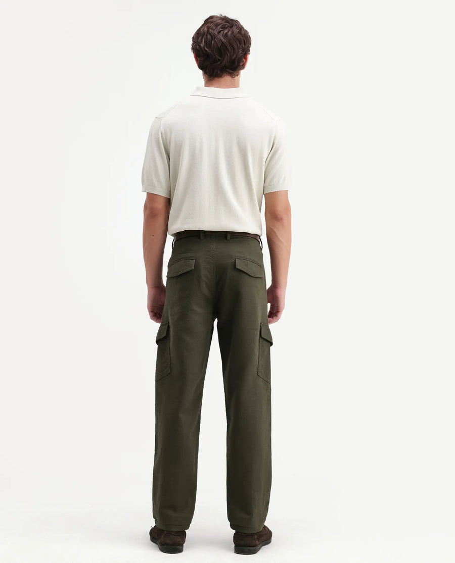 Rare Rabbit Men's Presso-Aw26 Olive Cotton Fabric Regular Fit Plain Cargo Trouser