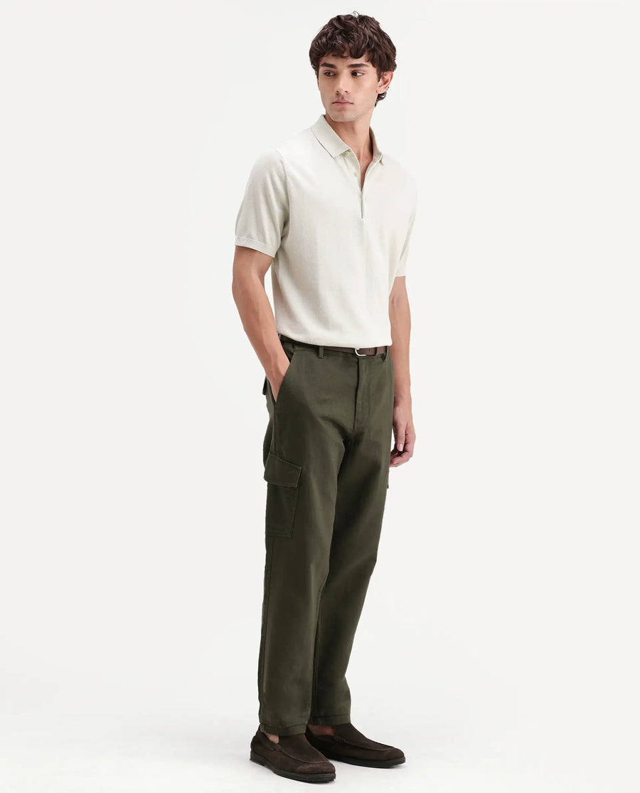 Rare Rabbit Men's Presso-Aw26 Olive Cotton Fabric Regular Fit Plain Cargo Trouser