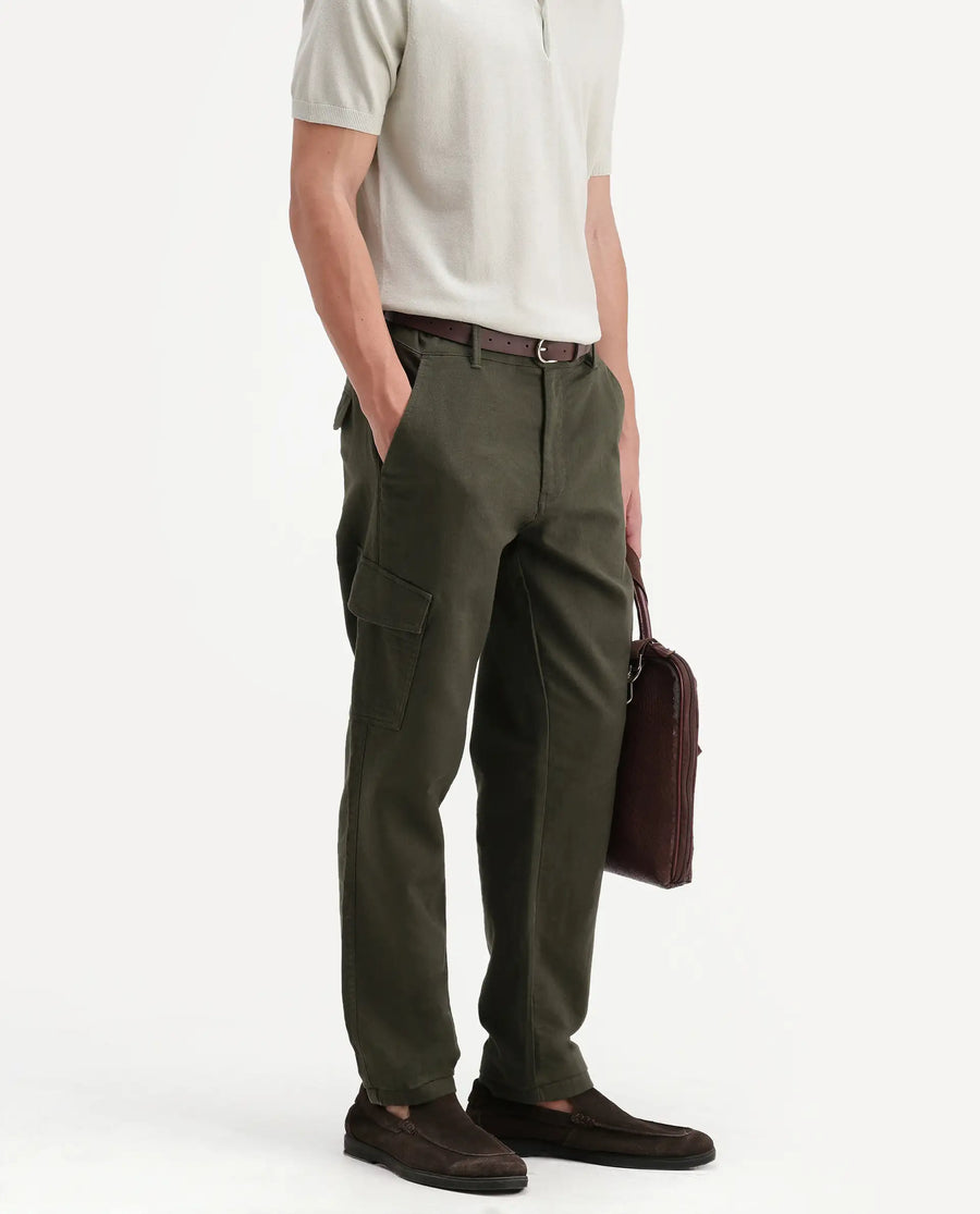 Rare Rabbit Men's Presso-Aw26 Olive Cotton Fabric Regular Fit Plain Cargo Trouser
