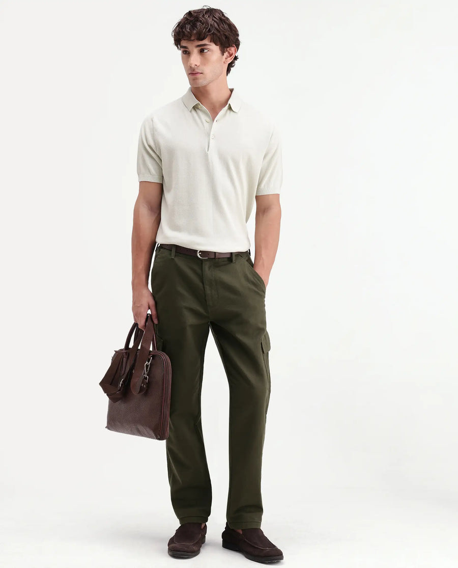 Rare Rabbit Men's Presso-Aw26 Olive Cotton Fabric Regular Fit Plain Cargo Trouser