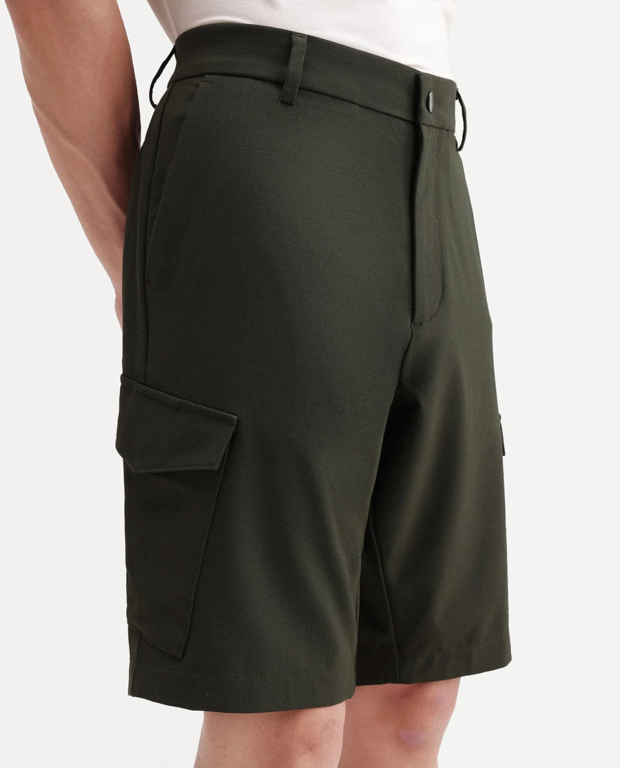 Rare Rabbit Men's Tripco-Aw26 Olive Polyester Blend Fabric Regular Fit Plain Cargo Shorts