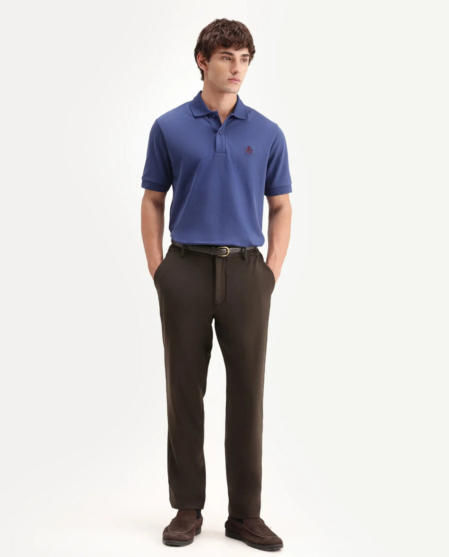 Rare Rabbit Men's Travel-Aw26 Dark Brown Polyester Blend Fabric Regular Fit Plain Trouser