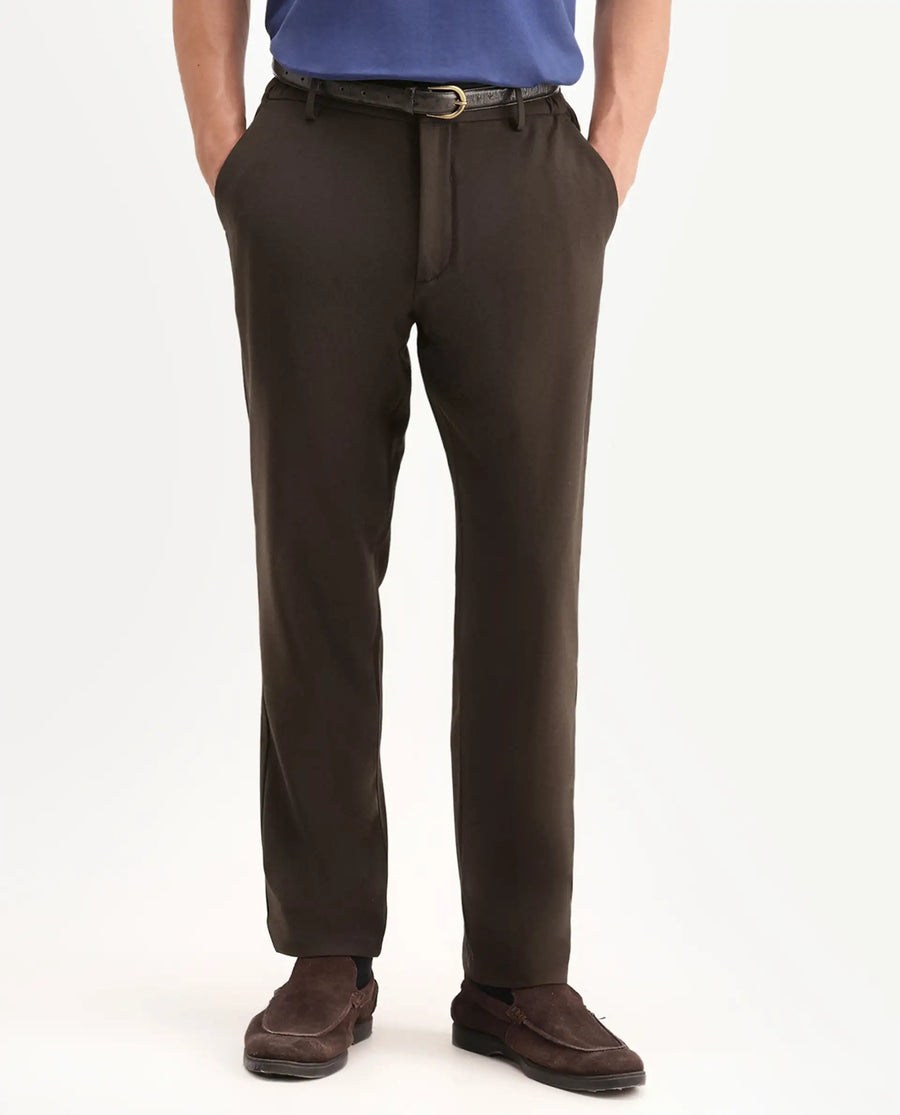 Rare Rabbit Men's Travel-Aw26 Dark Brown Polyester Blend Fabric Regular Fit Plain Trouser
