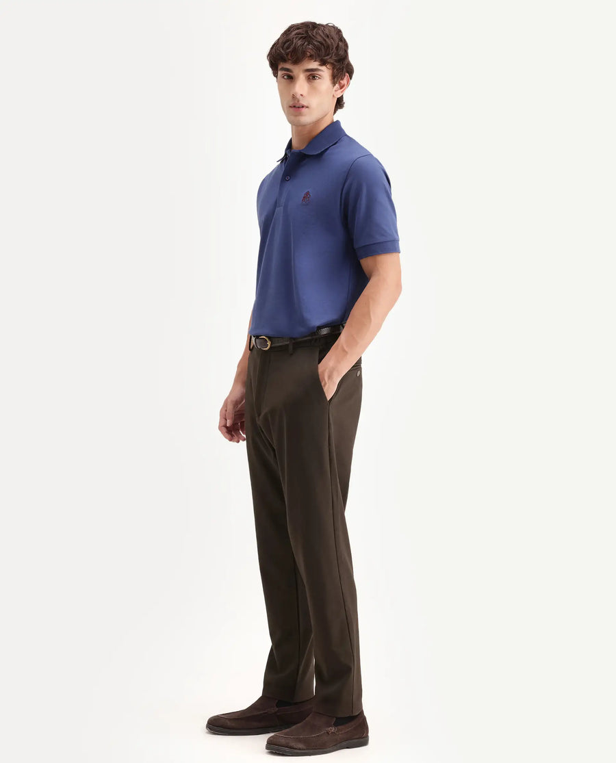 Rare Rabbit Men's Travel-Aw26 Dark Brown Polyester Blend Fabric Regular Fit Plain Trouser