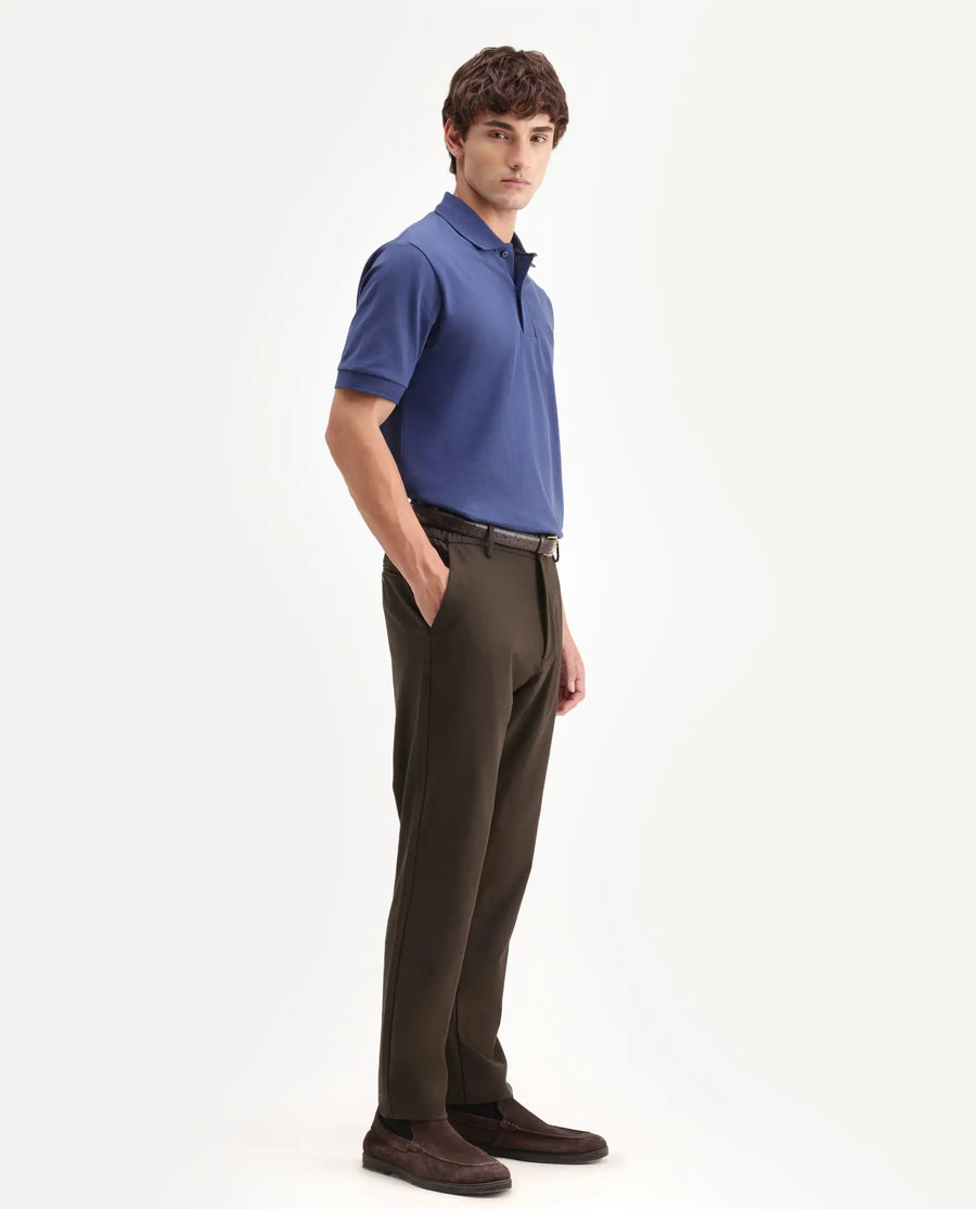 Rare Rabbit Men's Travel-Aw26 Dark Brown Polyester Blend Fabric Regular Fit Plain Trouser