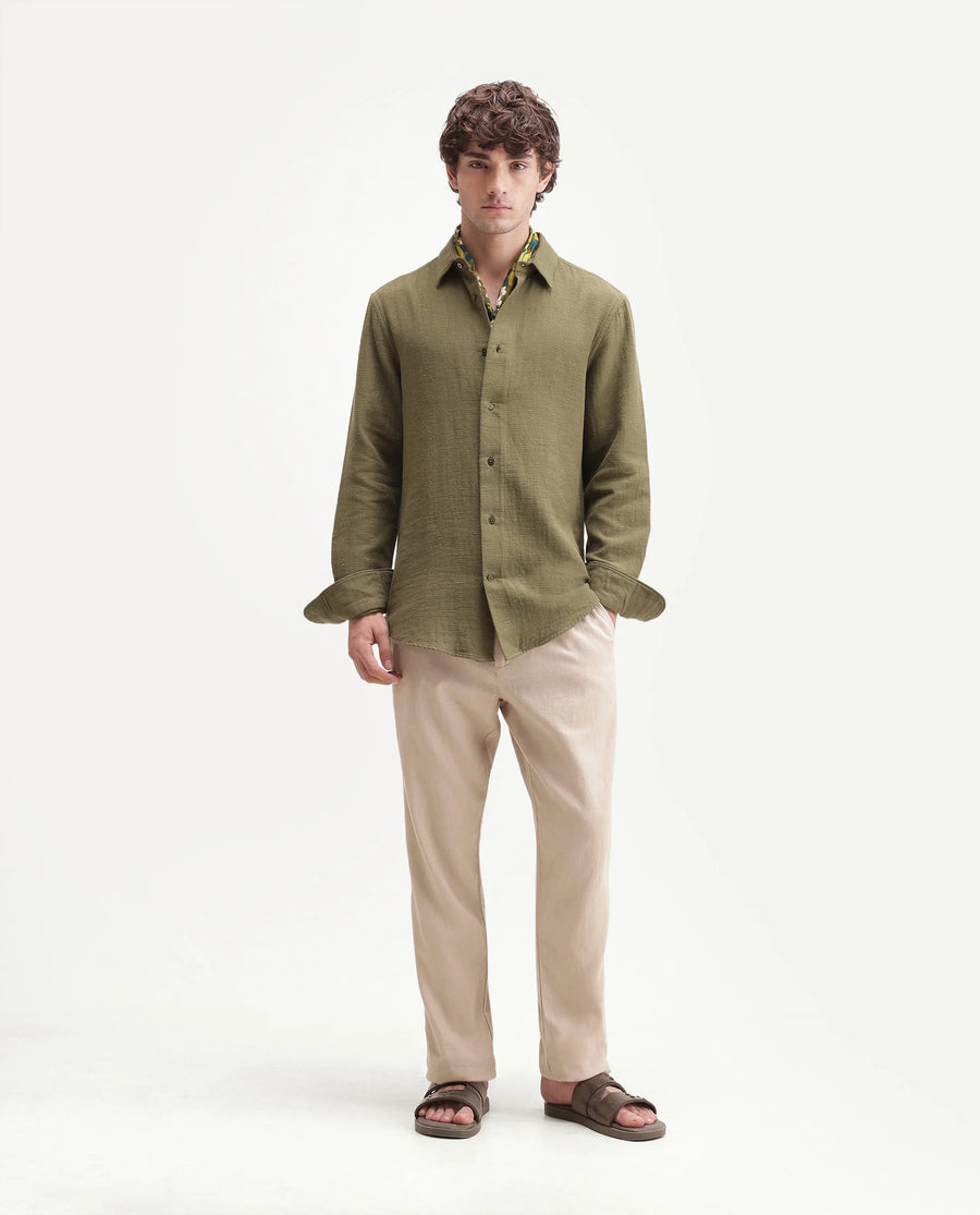 Rare Rabbit Men's Jomo-Aw26 Beige Linen Blend Fabric Regular Fit Plain Trouser