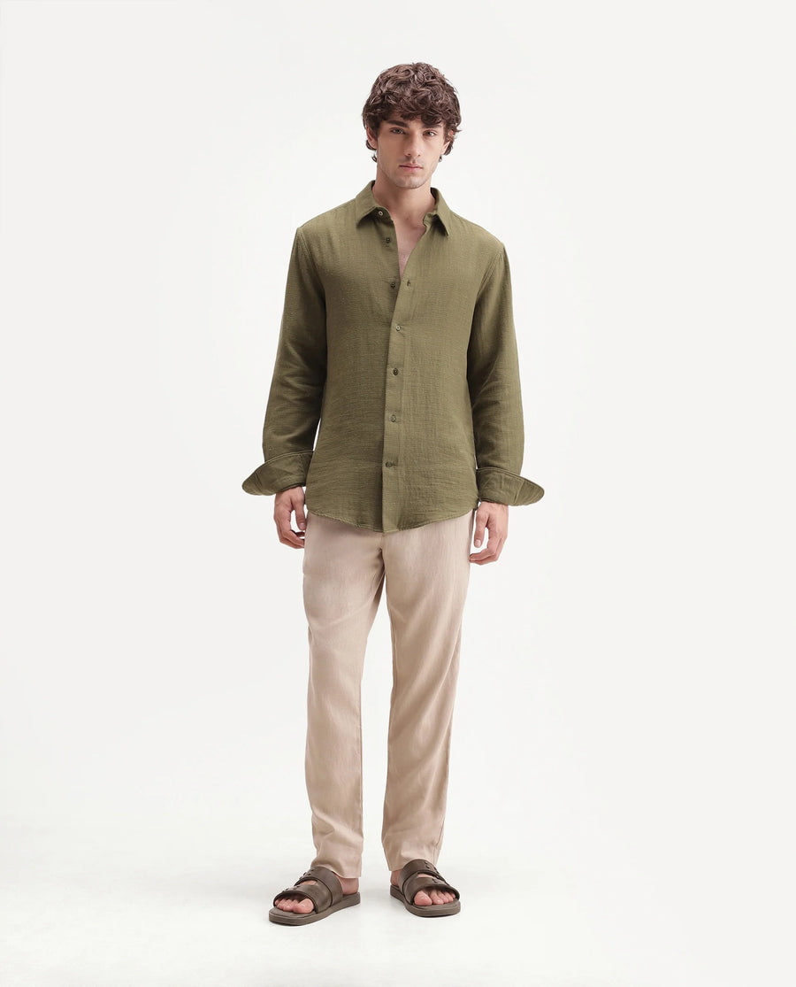 Rare Rabbit Men's Jomo-Aw26 Beige Linen Blend Fabric Regular Fit Plain Trouser