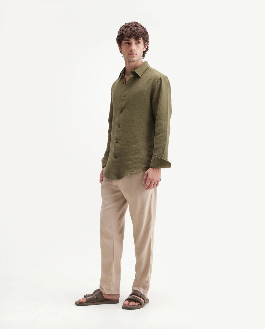 Rare Rabbit Men's Jomo-Aw26 Beige Linen Blend Fabric Regular Fit Plain Trouser