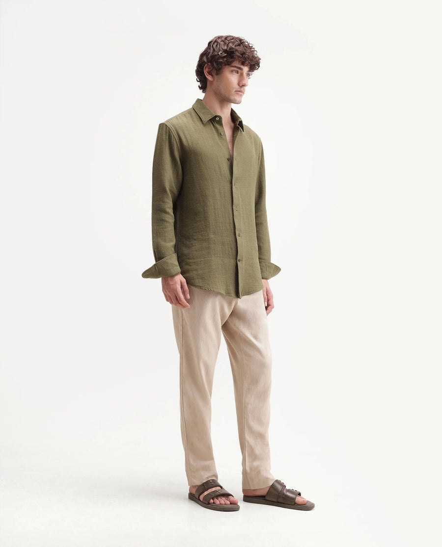 Rare Rabbit Men's Jomo-Aw26 Beige Linen Blend Fabric Regular Fit Plain Trouser
