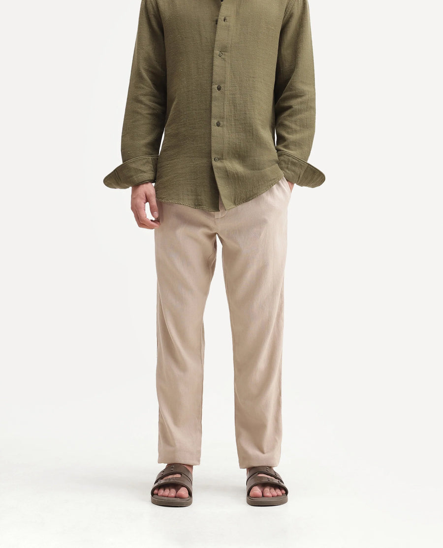 Rare Rabbit Men's Jomo-Aw26 Beige Linen Blend Fabric Regular Fit Plain Trouser