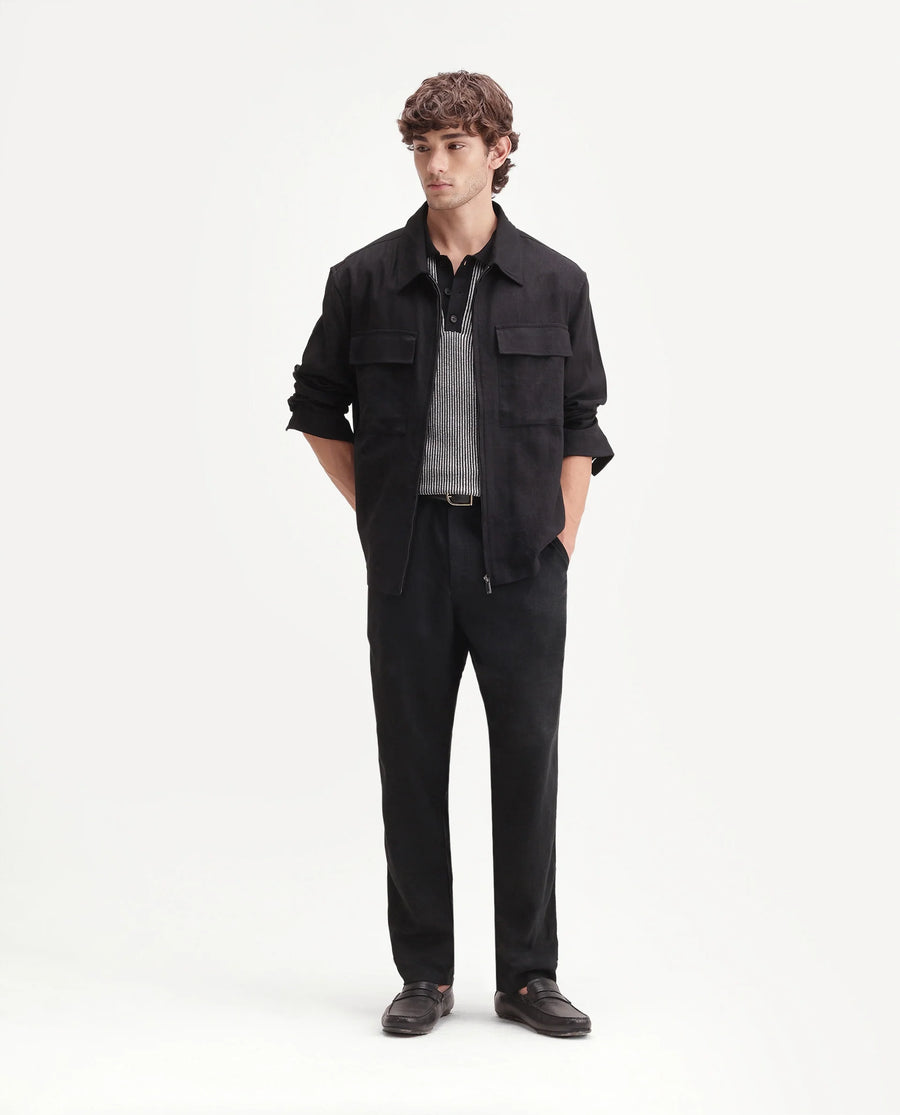 Rare Rabbit Men's Jomo-Aw26 Black Linen Blend Fabric Regular Fit Plain Trouser