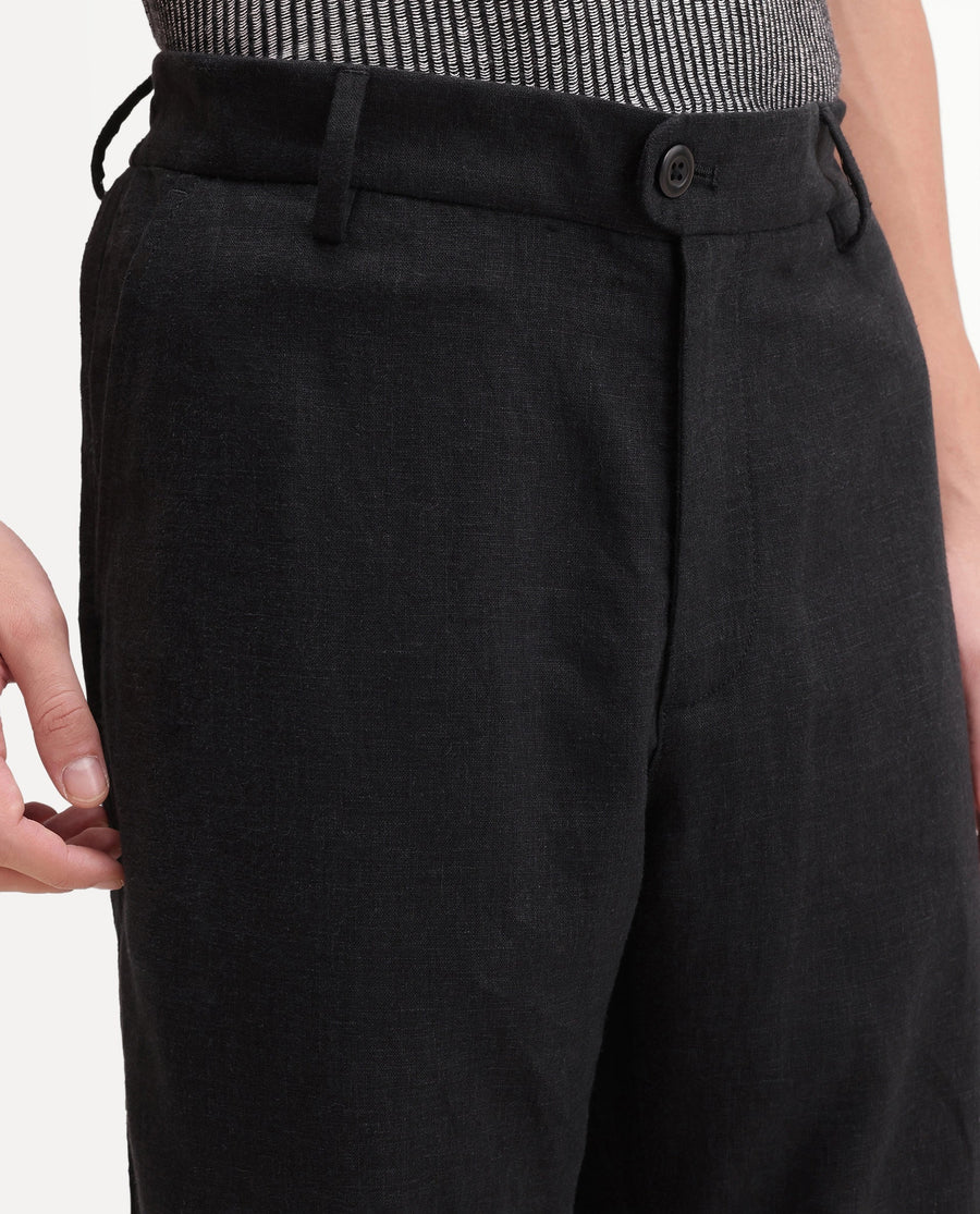 Rare Rabbit Men's Jomo-Aw26 Black Linen Blend Fabric Regular Fit Plain Trouser