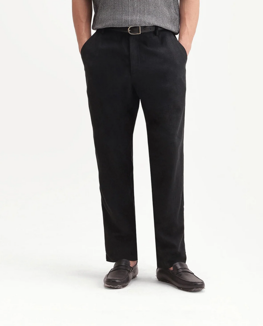Rare Rabbit Men's Jomo-Aw26 Black Linen Blend Fabric Regular Fit Plain Trouser