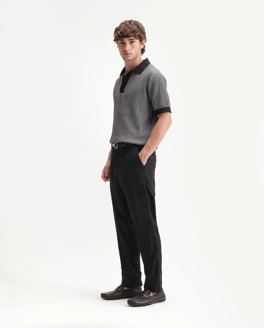 Rare Rabbit Men's Jomo-Aw26 Black Linen Blend Fabric Regular Fit Plain Trouser