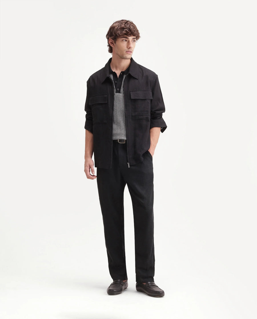 Rare Rabbit Men's Jomo-Aw26 Black Linen Blend Fabric Regular Fit Plain Trouser