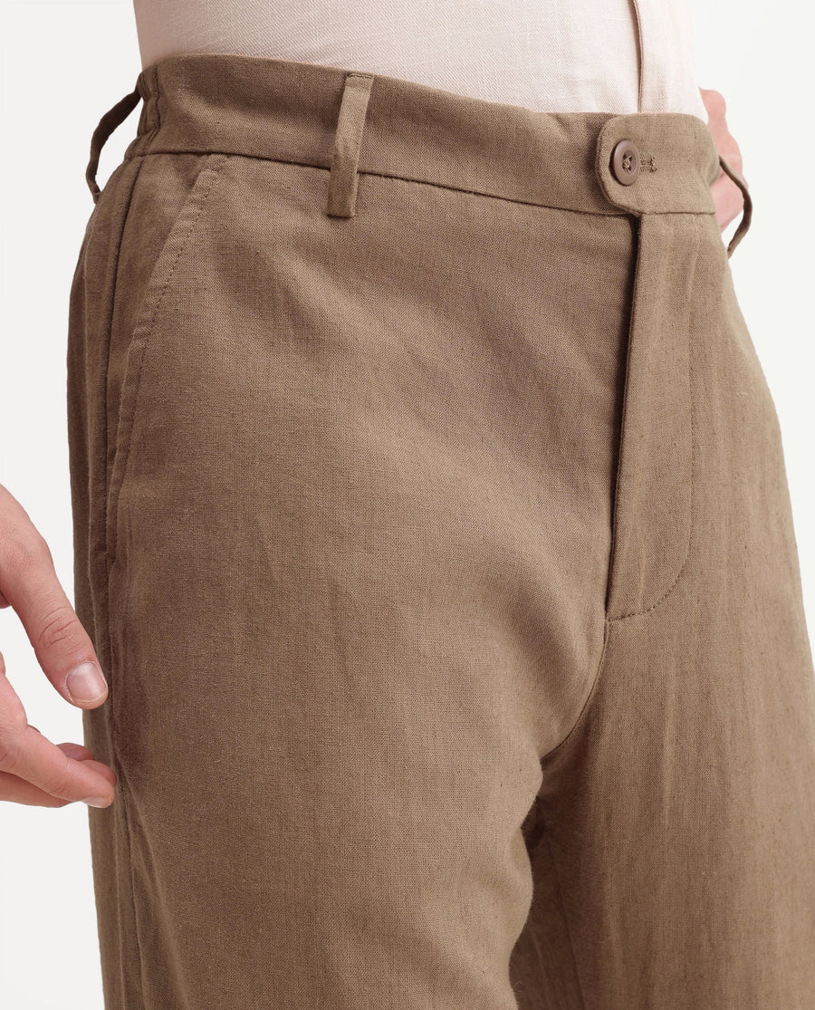 Rare Rabbit Men's Jomo-Aw26 Dusky Mustard Linen Blend Fabric Regular Fit Plain Trouser