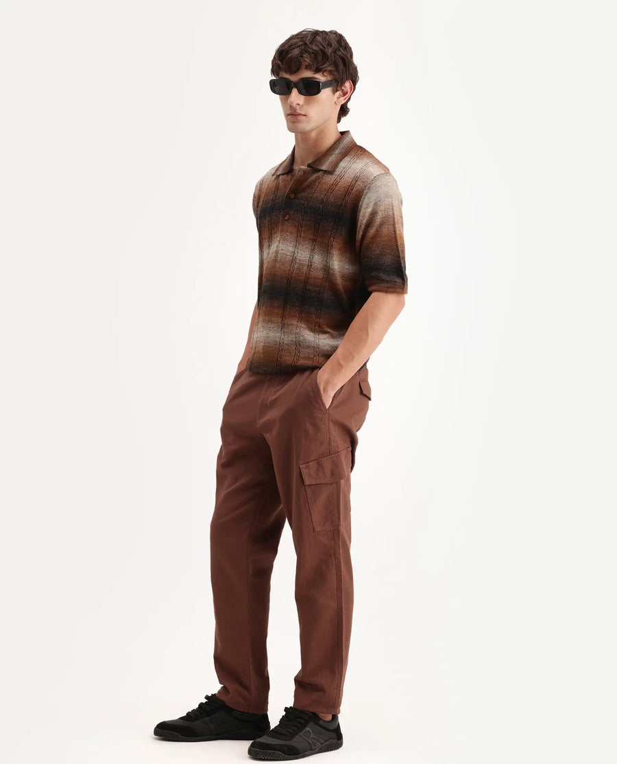 Rare Rabbit Men's Presso-Aw26 Rust Cotton Fabric Regular Fit Plain Trouser