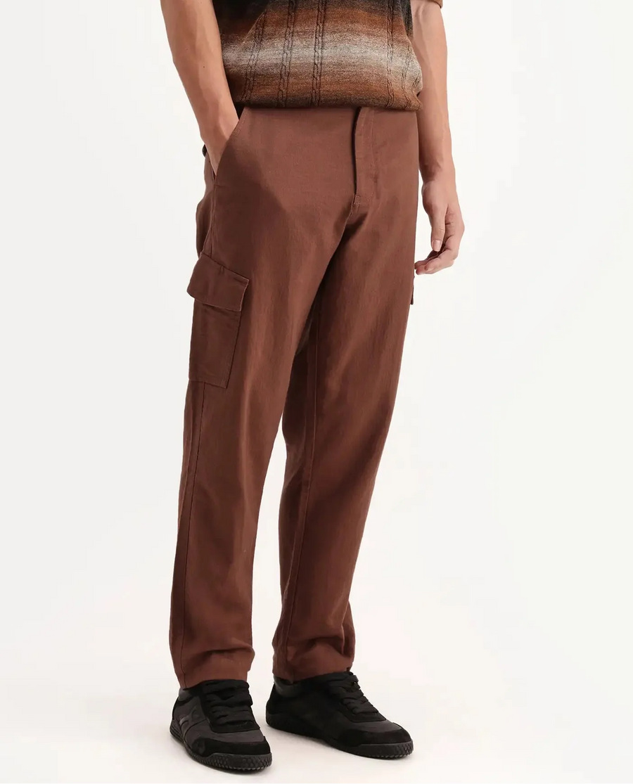 Rare Rabbit Men's Presso-Aw26 Rust Cotton Fabric Regular Fit Plain Trouser