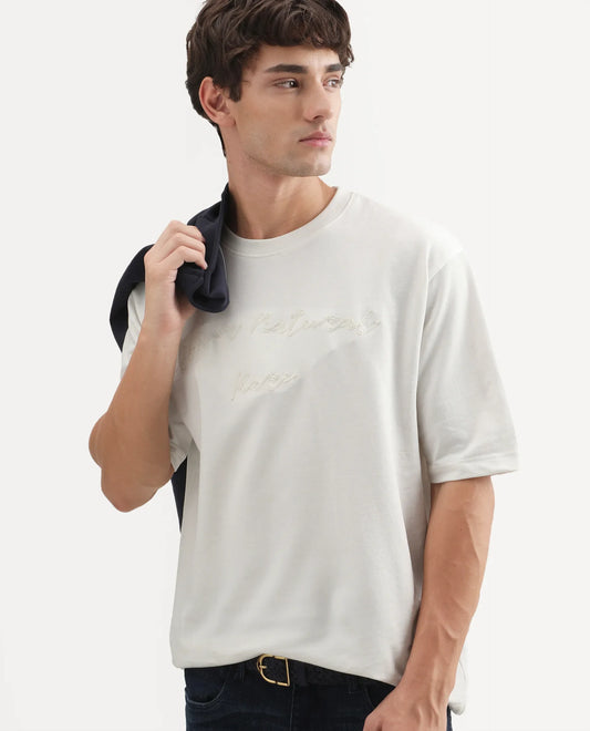 Rare Rabbit Men's Tuft Off White Cotton Crew Neck Regular Embroidered T-Shirt