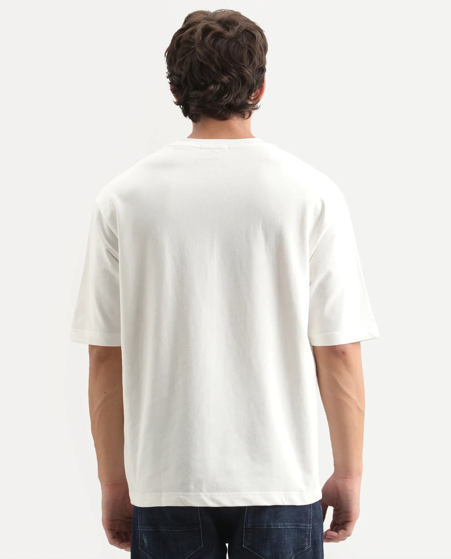 Rare Rabbit Men's Tuft Off White Cotton Crew Neck Regular Embroidered T-Shirt