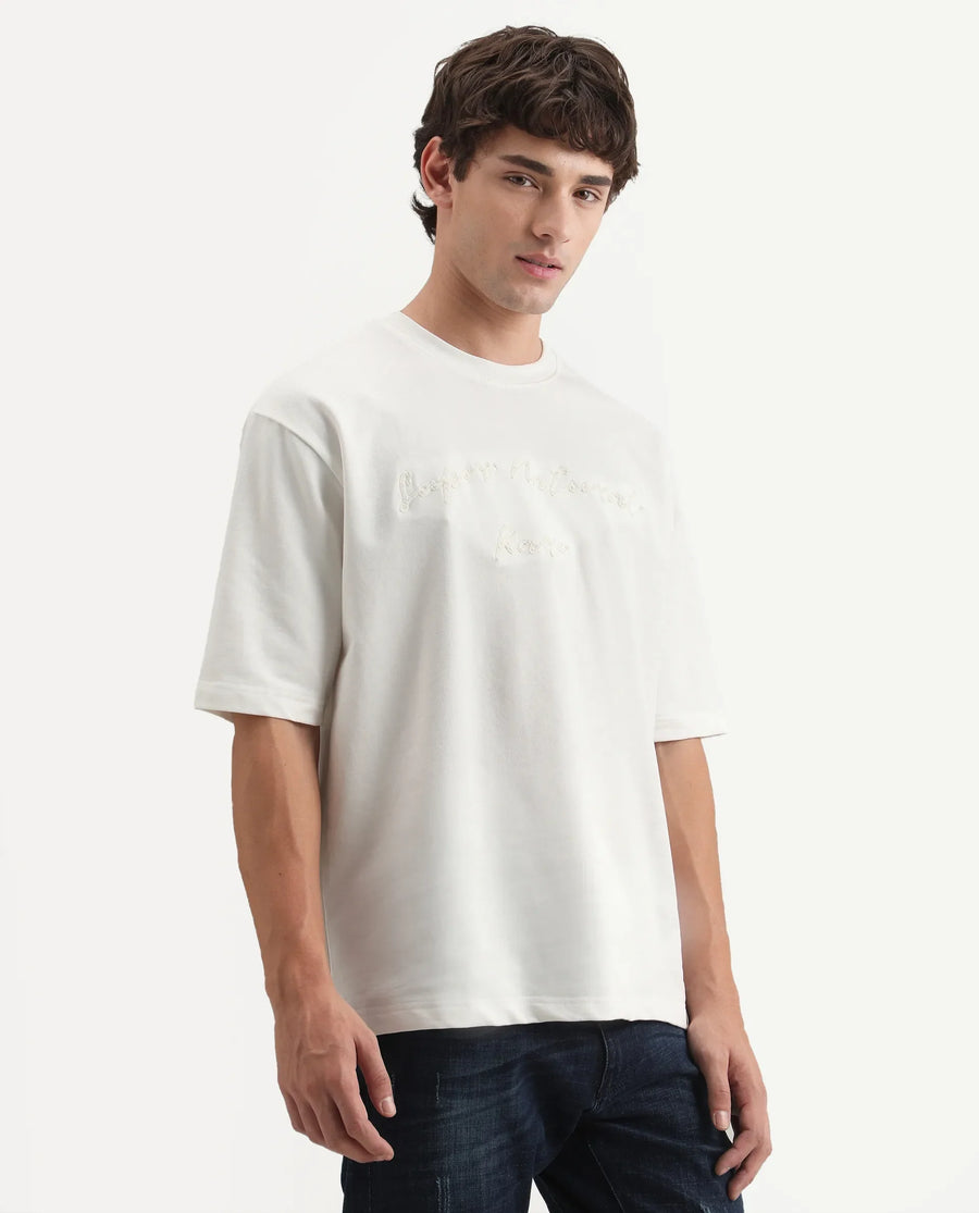 Rare Rabbit Men's Tuft Off White Cotton Crew Neck Regular Embroidered T-Shirt