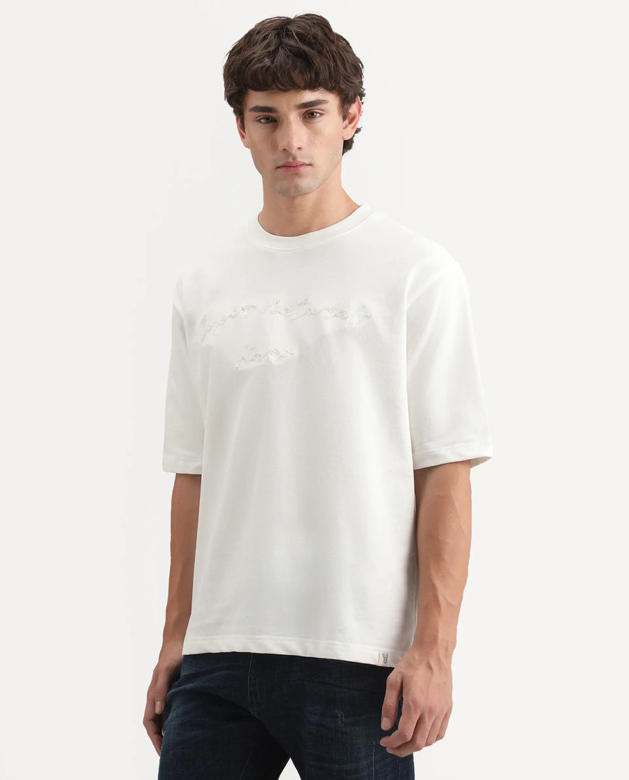 Rare Rabbit Men's Tuft Off White Cotton Crew Neck Regular Embroidered T-Shirt