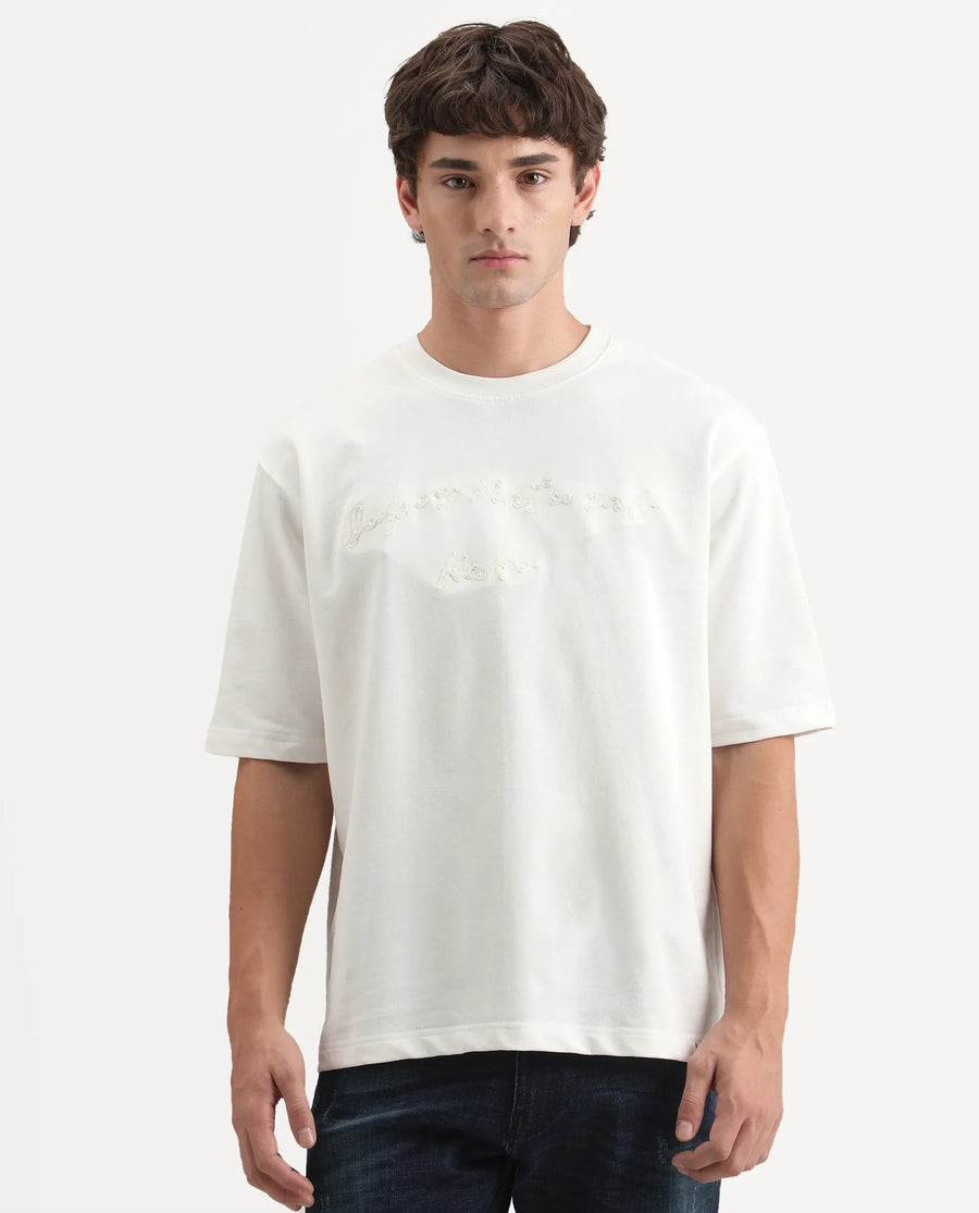 Rare Rabbit Men's Tuft Off White Cotton Crew Neck Regular Embroidered T-Shirt