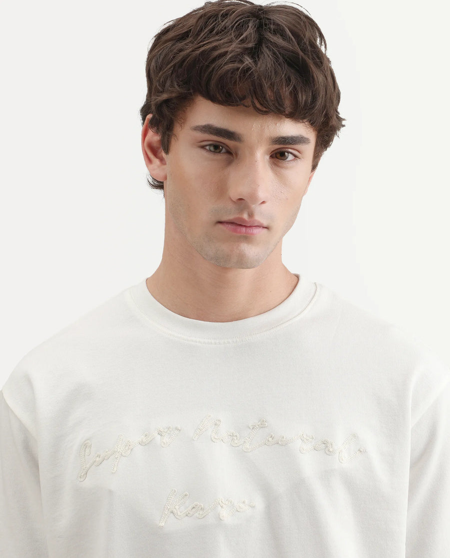 Rare Rabbit Men's Tuft Off White Cotton Crew Neck Regular Embroidered T-Shirt