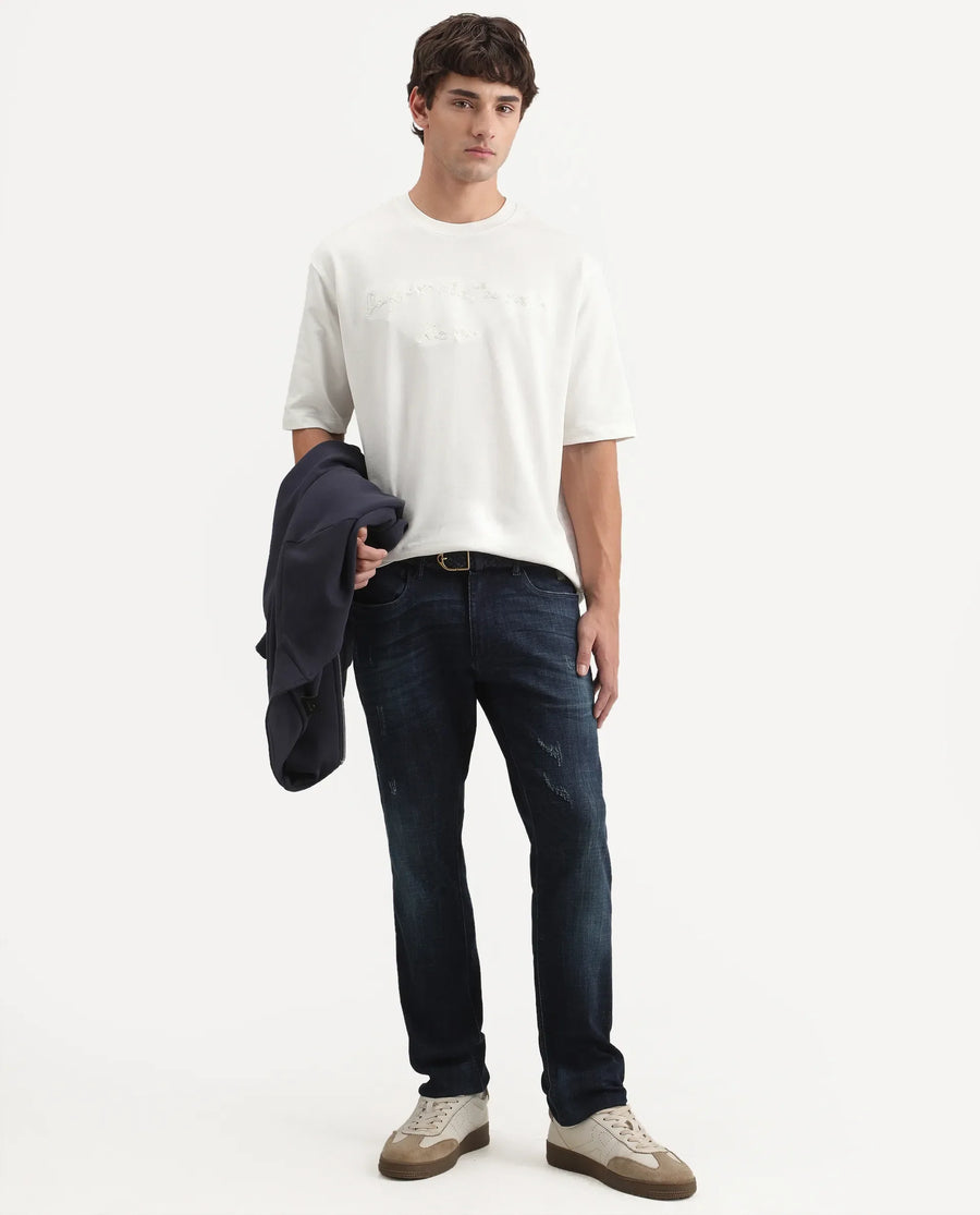 Rare Rabbit Men's Tuft Off White Cotton Crew Neck Regular Embroidered T-Shirt