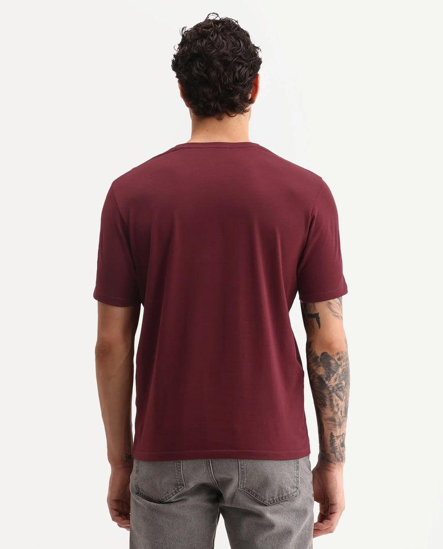 Rare Rabbit Men's Monece Maroon Cotton Blend Crew Neck Regular Graphic Print T-Shirt