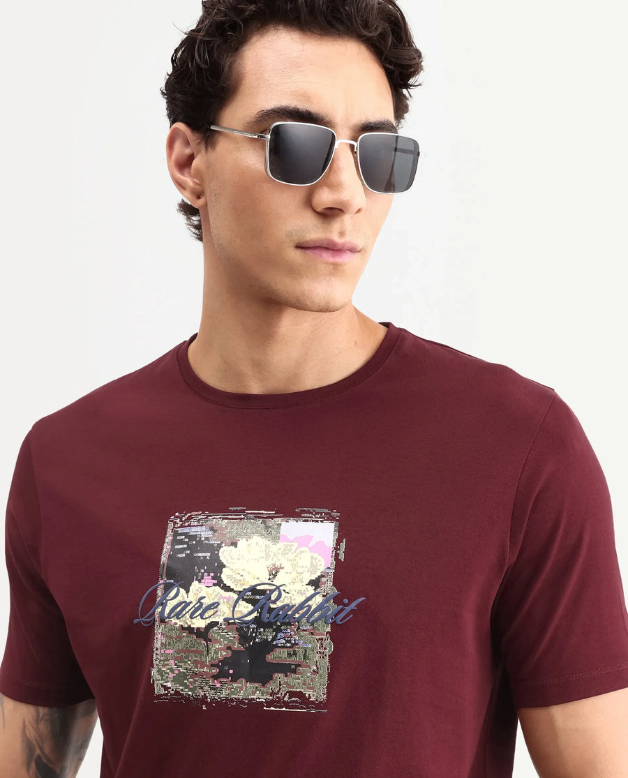 Rare Rabbit Men's Monece Maroon Cotton Blend Crew Neck Regular Graphic Print T-Shirt