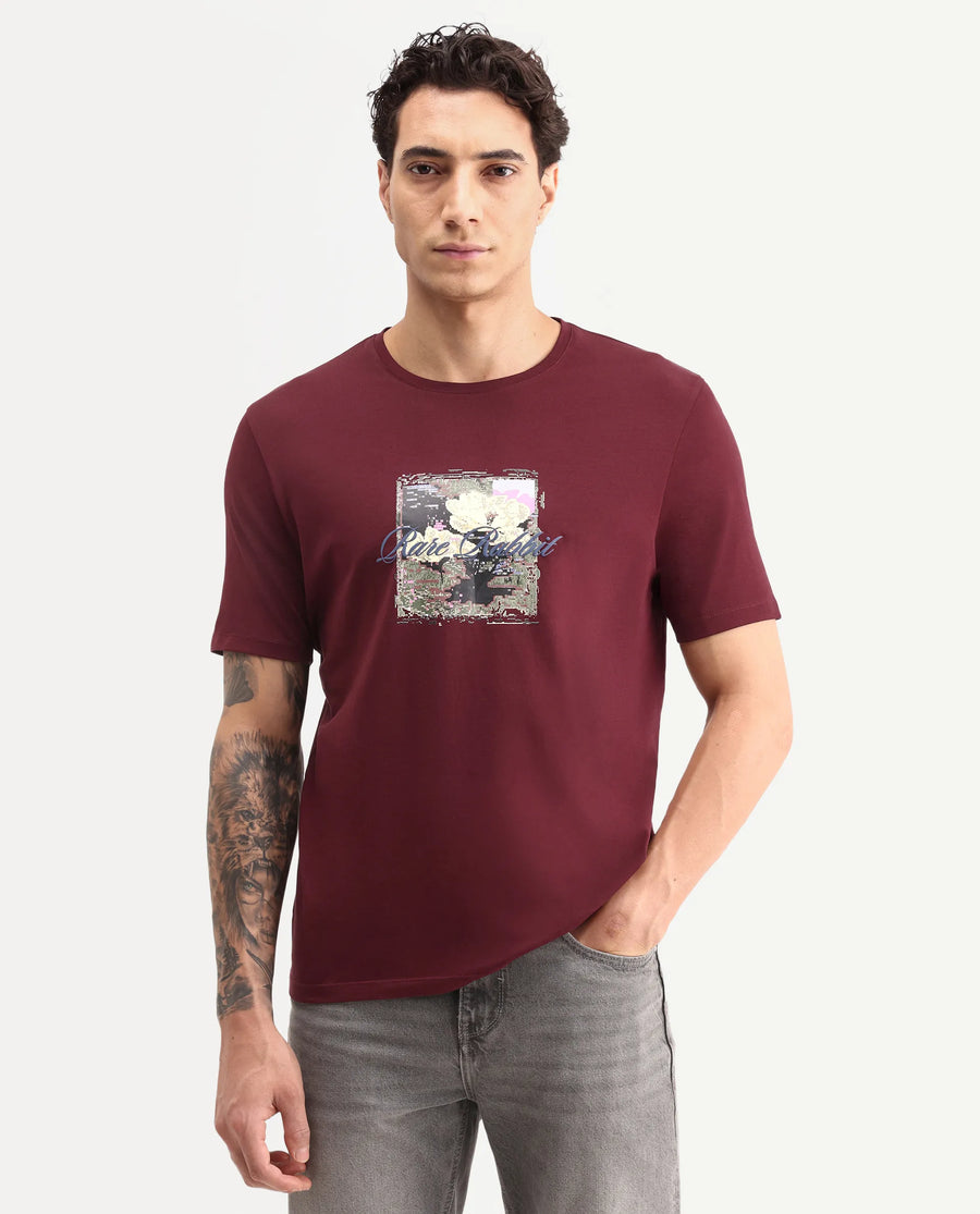 Rare Rabbit Men's Monece Maroon Cotton Blend Crew Neck Regular Graphic Print T-Shirt