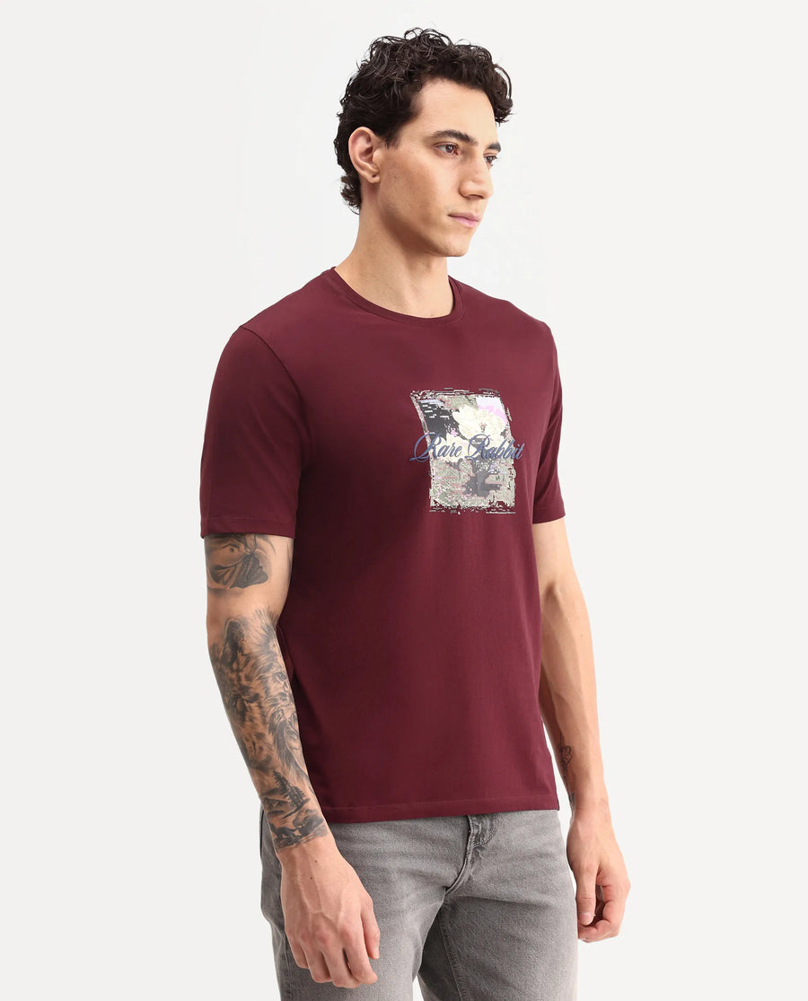 Rare Rabbit Men's Monece Maroon Cotton Blend Crew Neck Regular Graphic Print T-Shirt