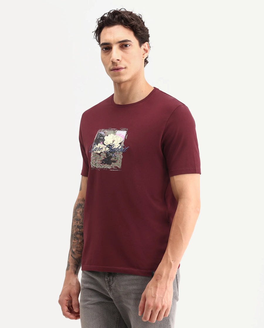 Rare Rabbit Men's Monece Maroon Cotton Blend Crew Neck Regular Graphic Print T-Shirt