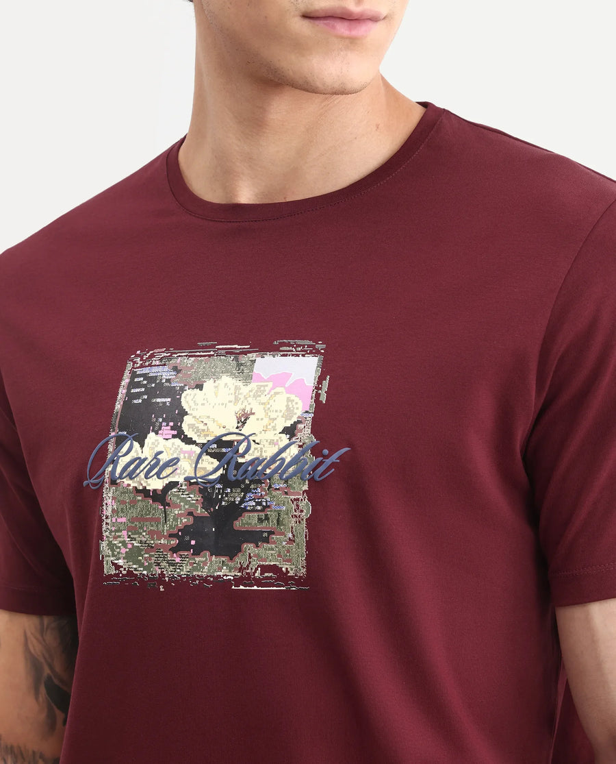 Rare Rabbit Men's Monece Maroon Cotton Blend Crew Neck Regular Graphic Print T-Shirt