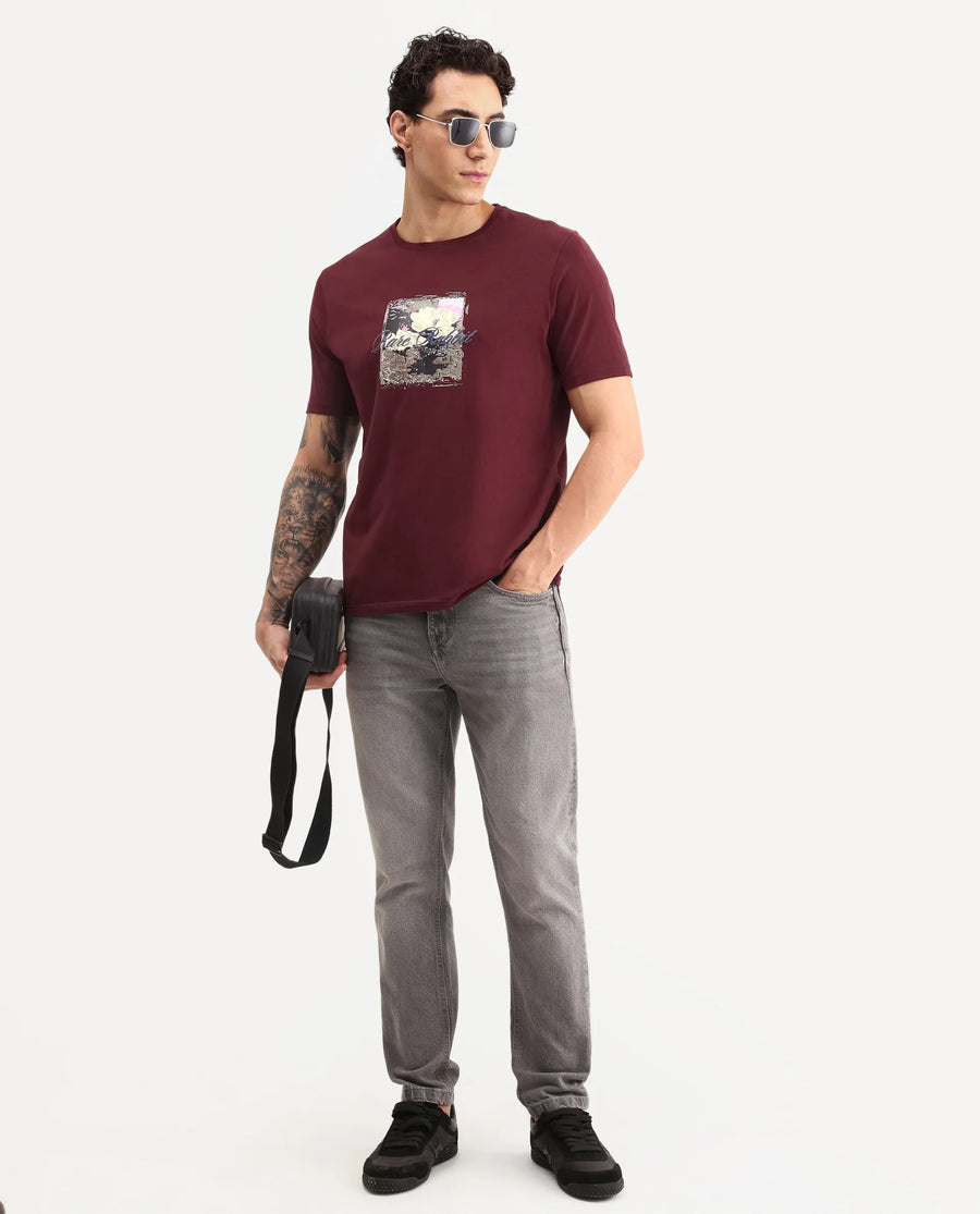Rare Rabbit Men's Monece Maroon Cotton Blend Crew Neck Regular Graphic Print T-Shirt
