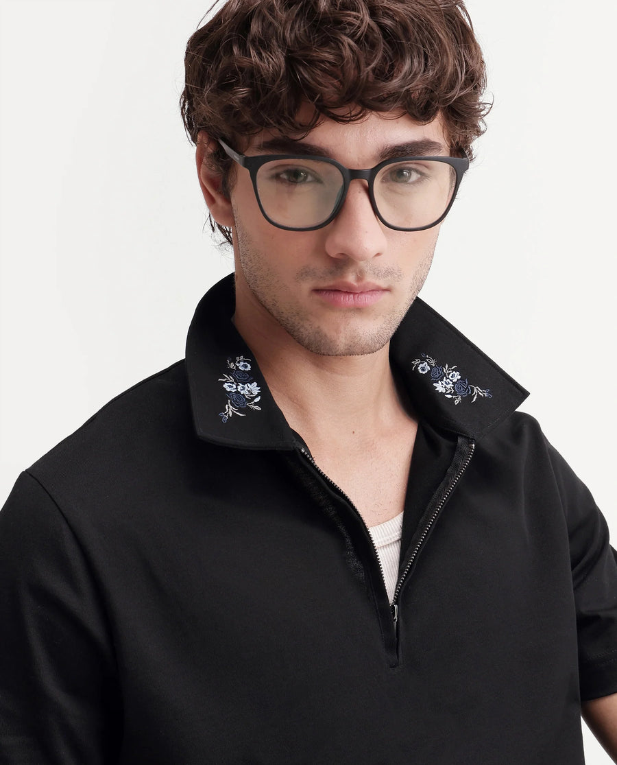 Rare Rabbit Men's Travis Black Cotton Spread Collar Regular Embroidered Polo