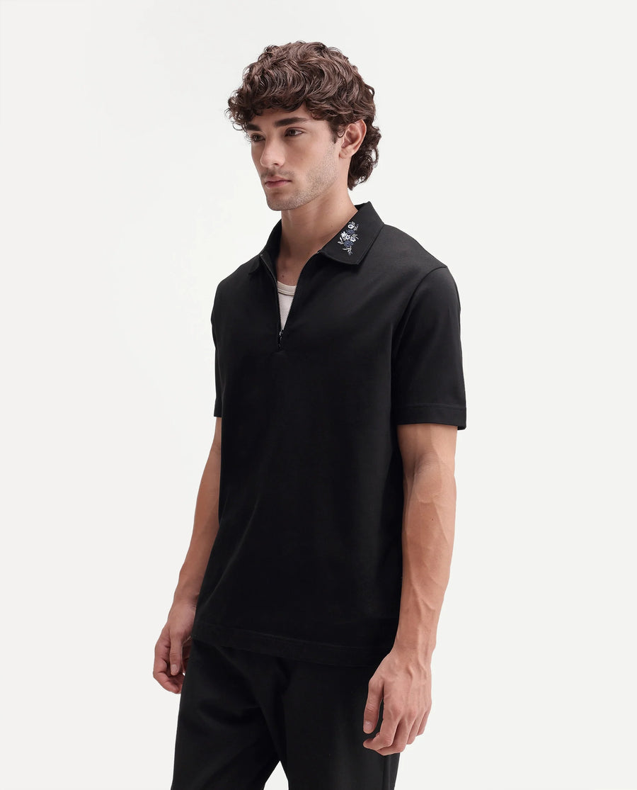 Rare Rabbit Men's Travis Black Cotton Spread Collar Regular Embroidered Polo
