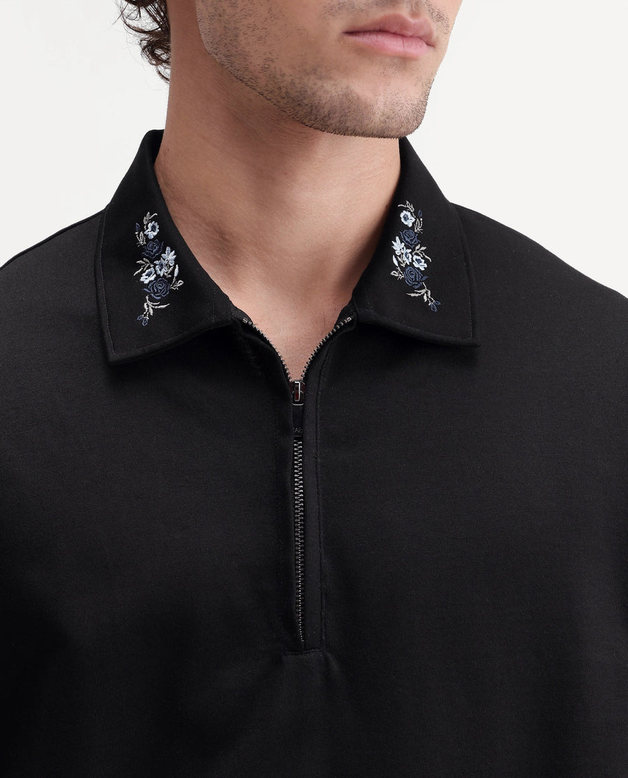 Rare Rabbit Men's Travis Black Cotton Spread Collar Regular Embroidered Polo