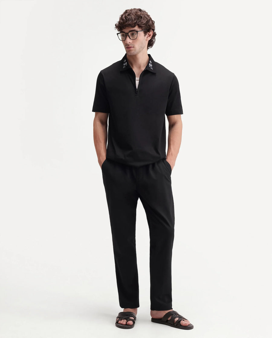 Rare Rabbit Men's Travis Black Cotton Spread Collar Regular Embroidered Polo