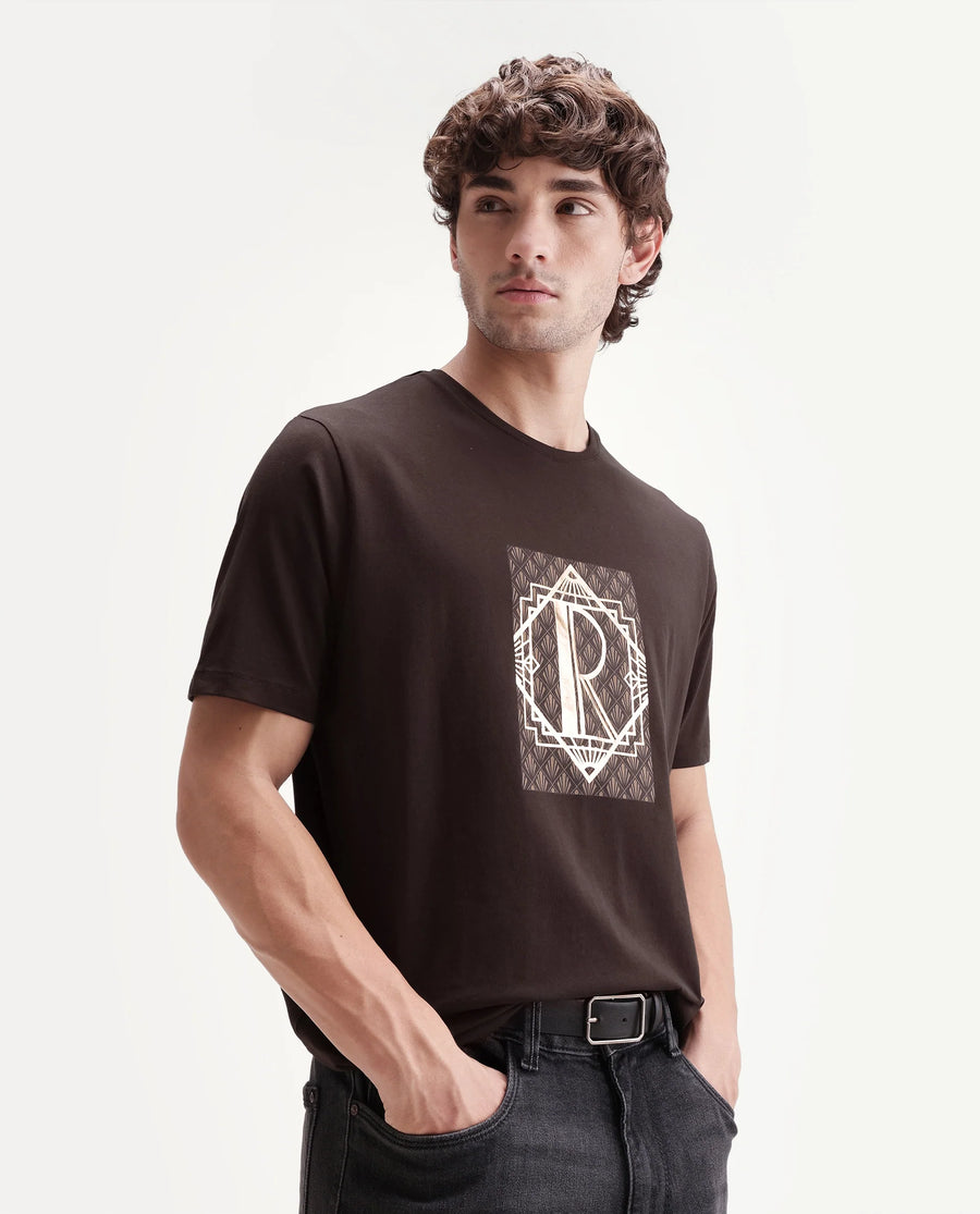 Rare Rabbit Men's Kerd Dark Brown Cotton Blend Crew Neck Regular Graphic Print T-Shirt