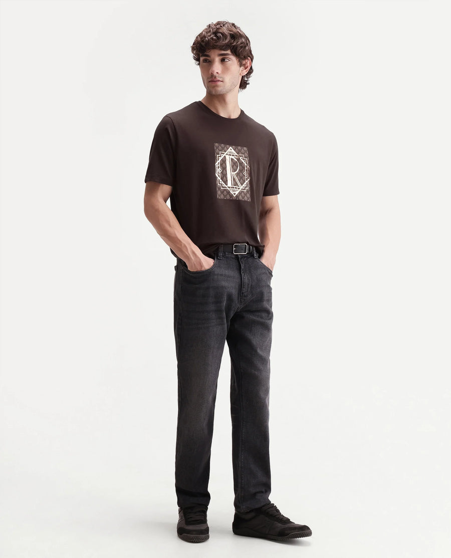 Rare Rabbit Men's Kerd Dark Brown Cotton Blend Crew Neck Regular Graphic Print T-Shirt